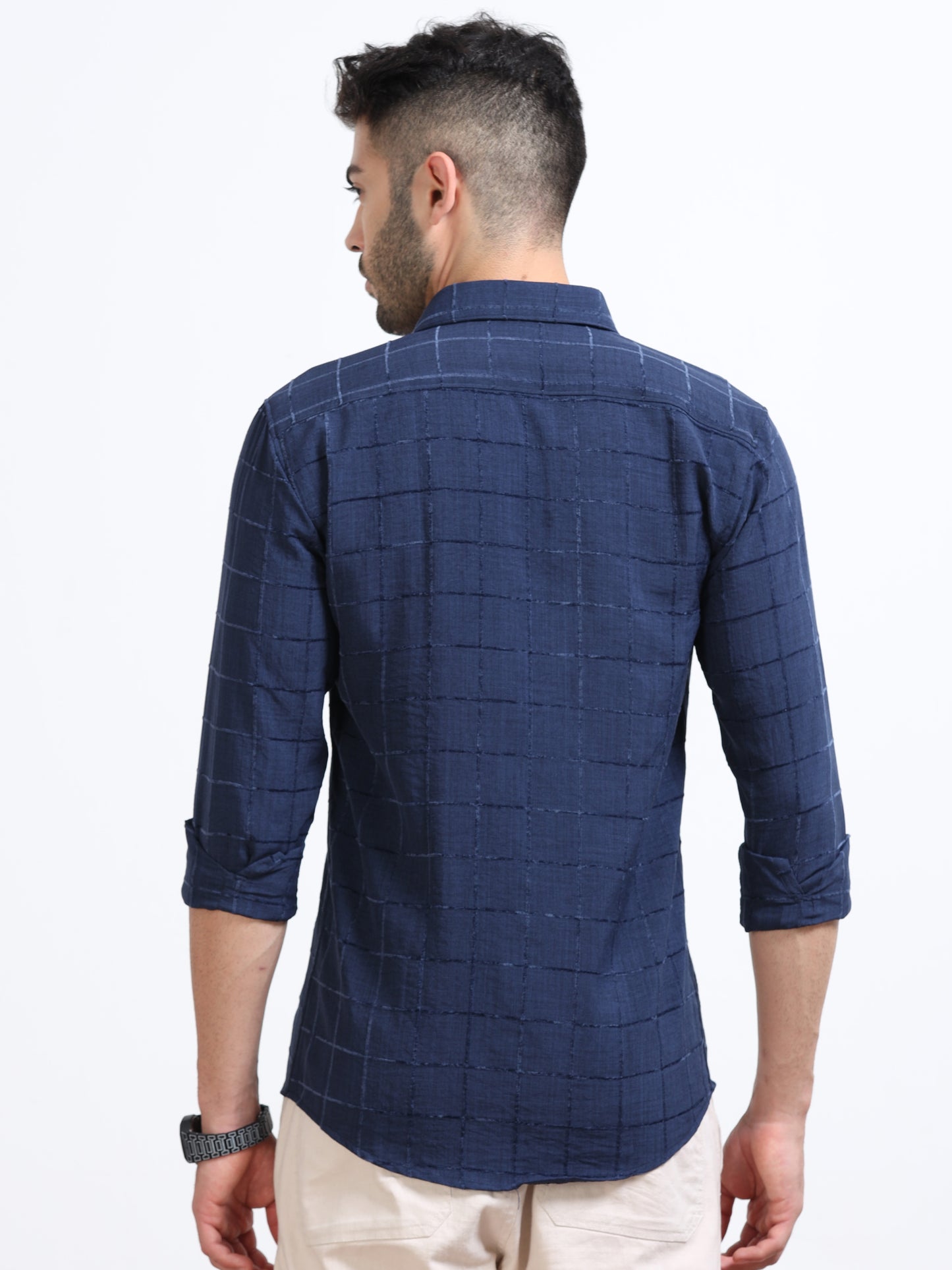 Navy Blue Men's Cotton Checks Design Casual Shirt - Premium Comfort Fit