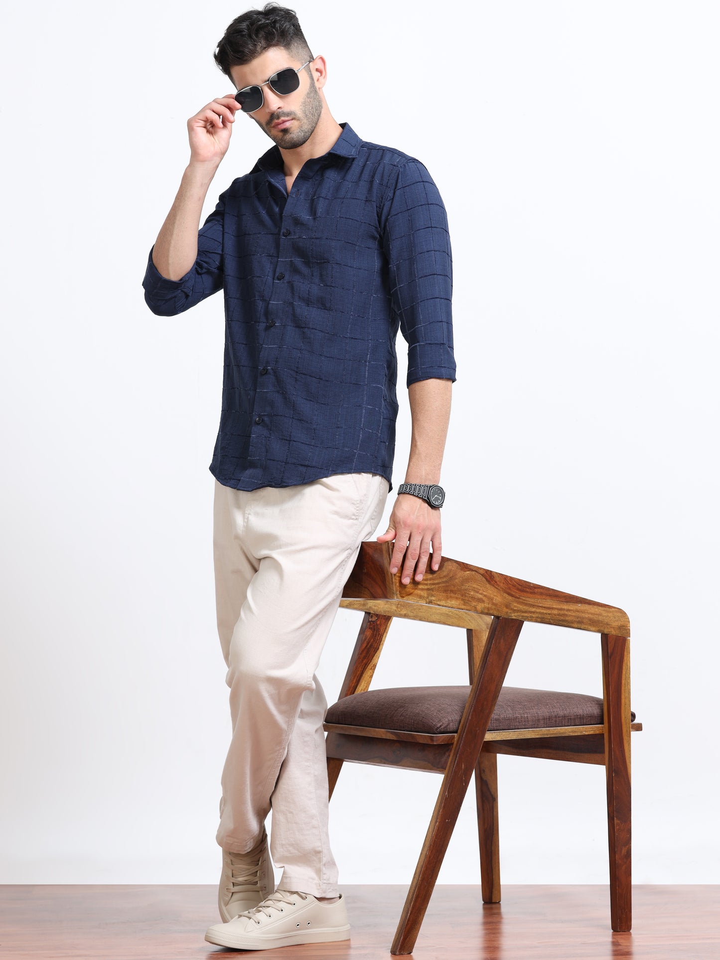 Navy Blue Men's Cotton Checks Design Casual Shirt - Premium Comfort Fit