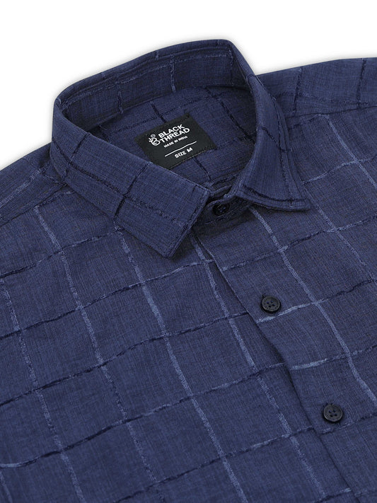 Navy Blue Men's Cotton Checks Design Casual Shirt - Premium Comfort Fit