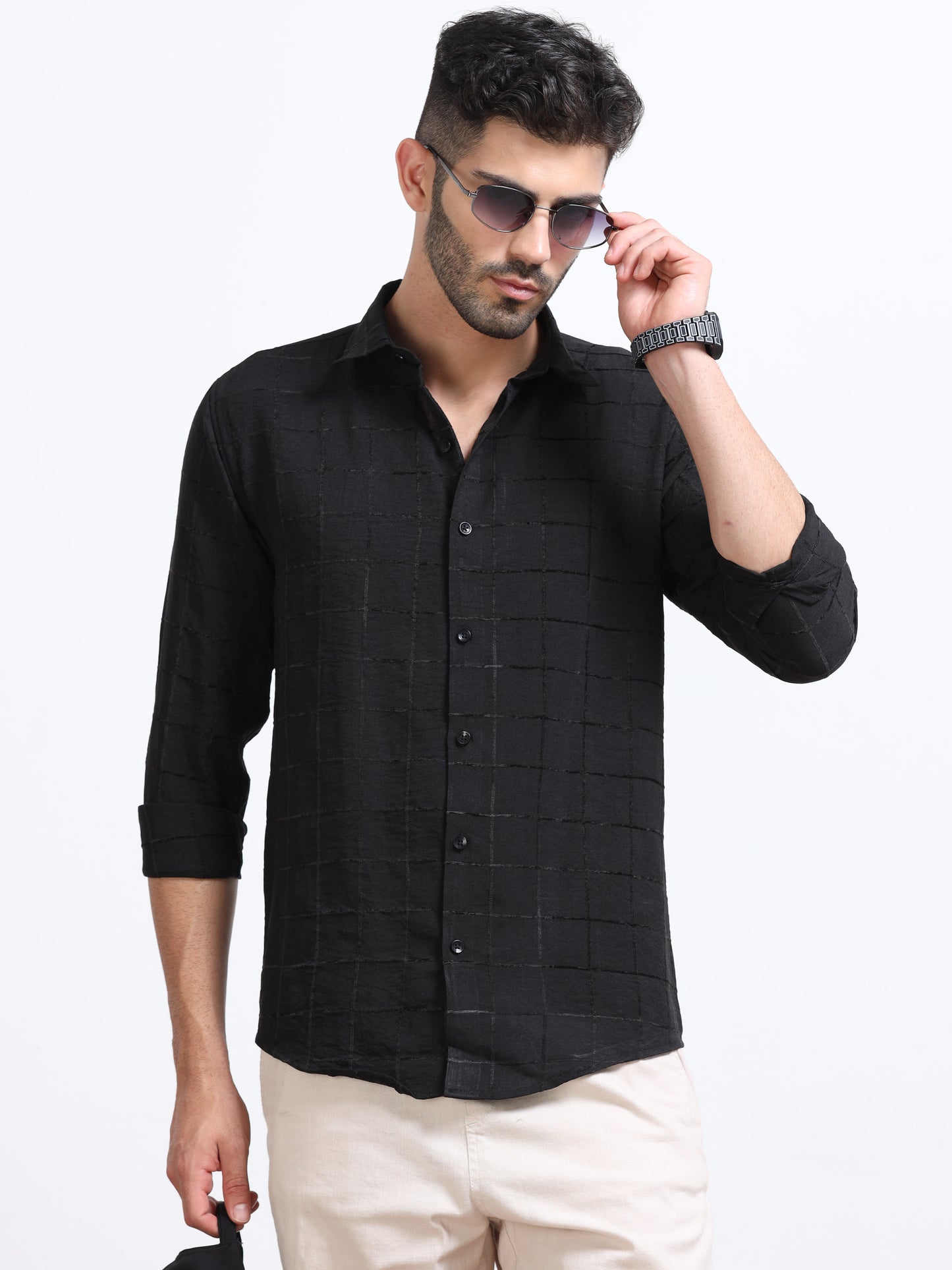 Black Men's Cotton Checks Design Casual Shirt - Premium Comfort Fit