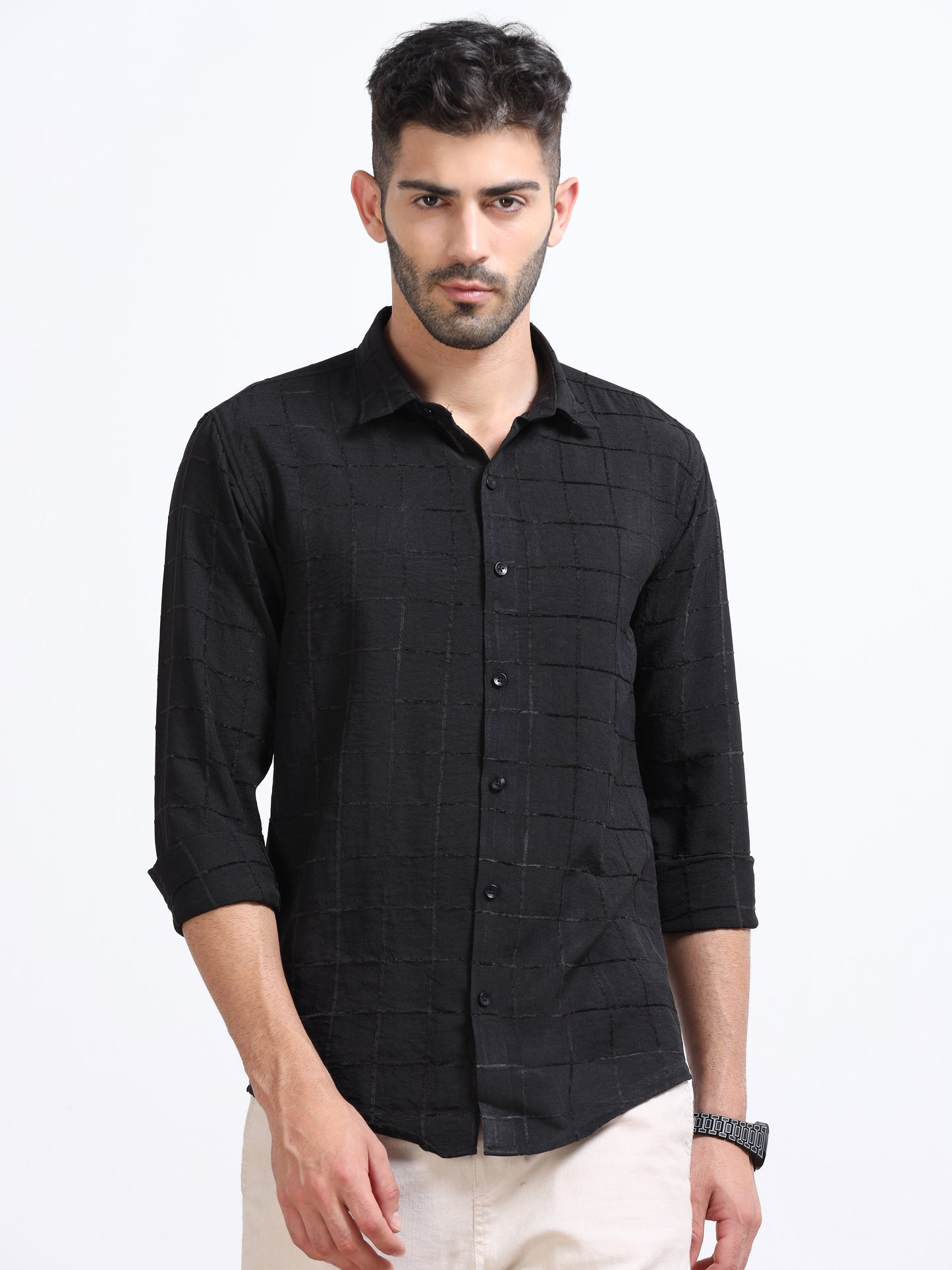 Black Men's Cotton Checks Design Casual Shirt - Premium Comfort Fit