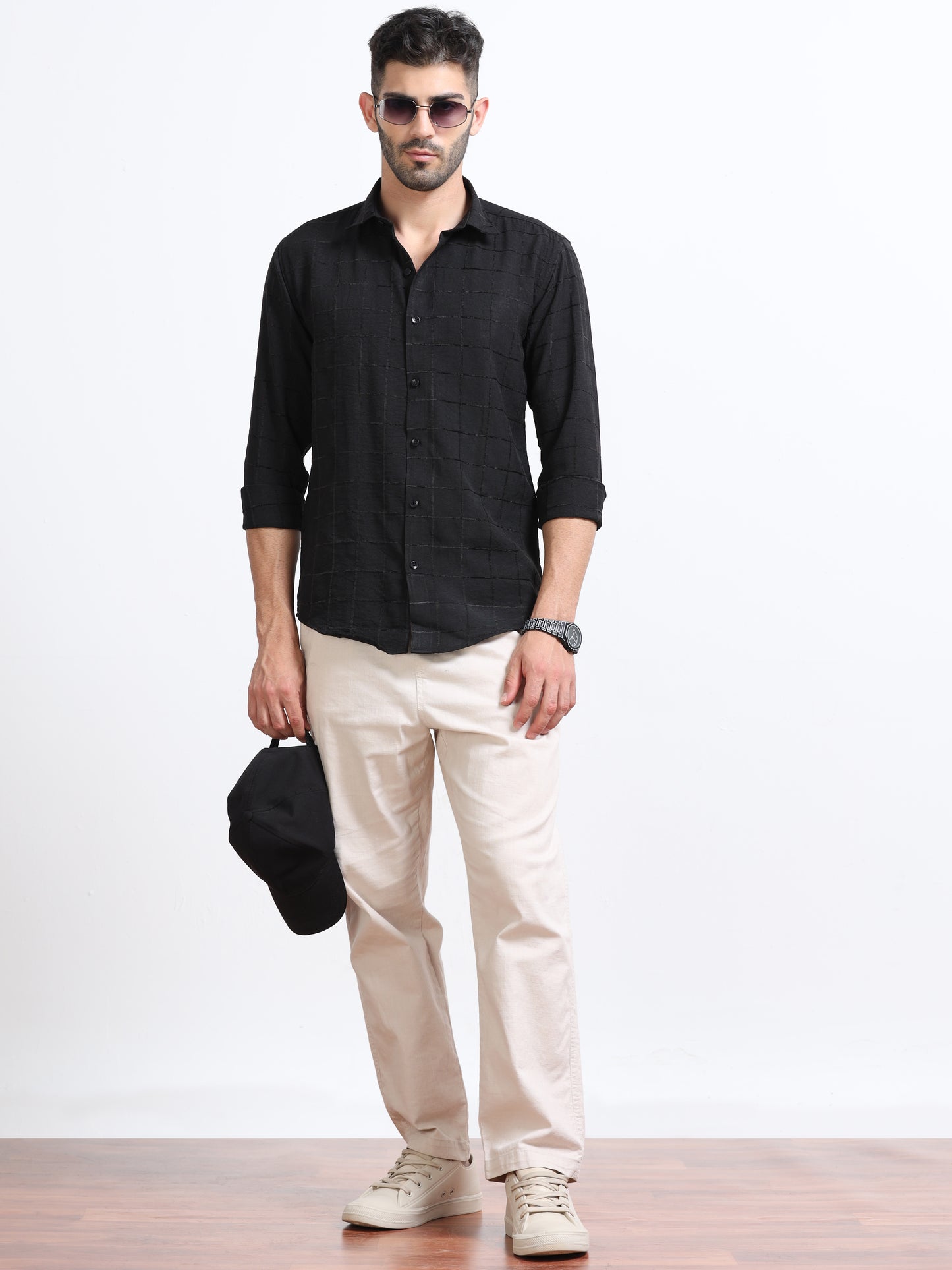 Black Men's Cotton Checks Design Casual Shirt - Premium Comfort Fit