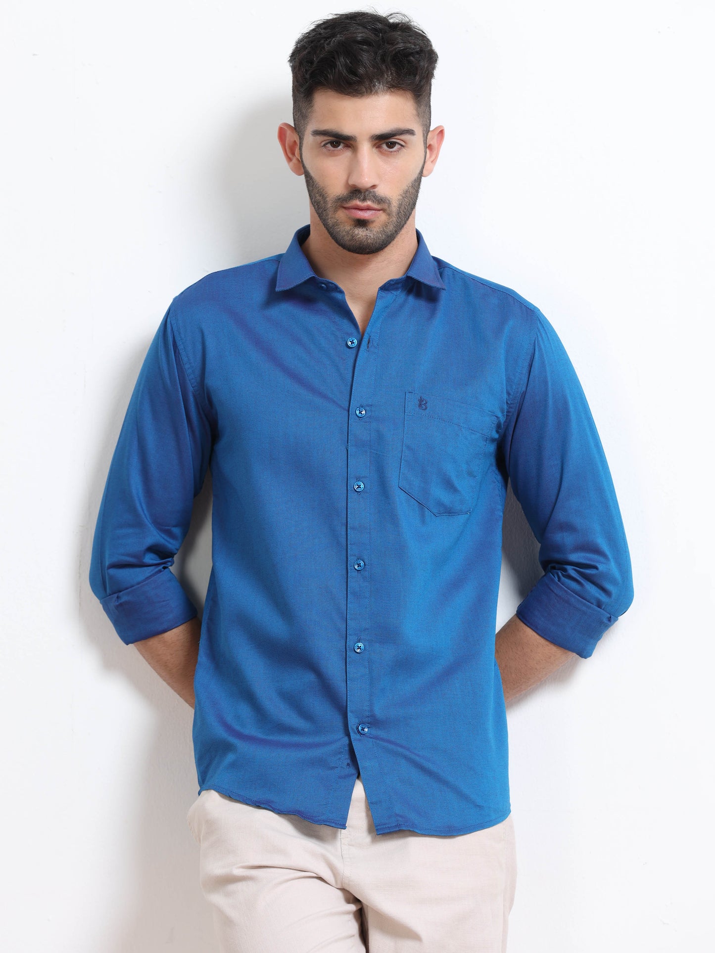 Royal Blue Men's Cotton Plain Casual Shirt - Premium Comfort Fit