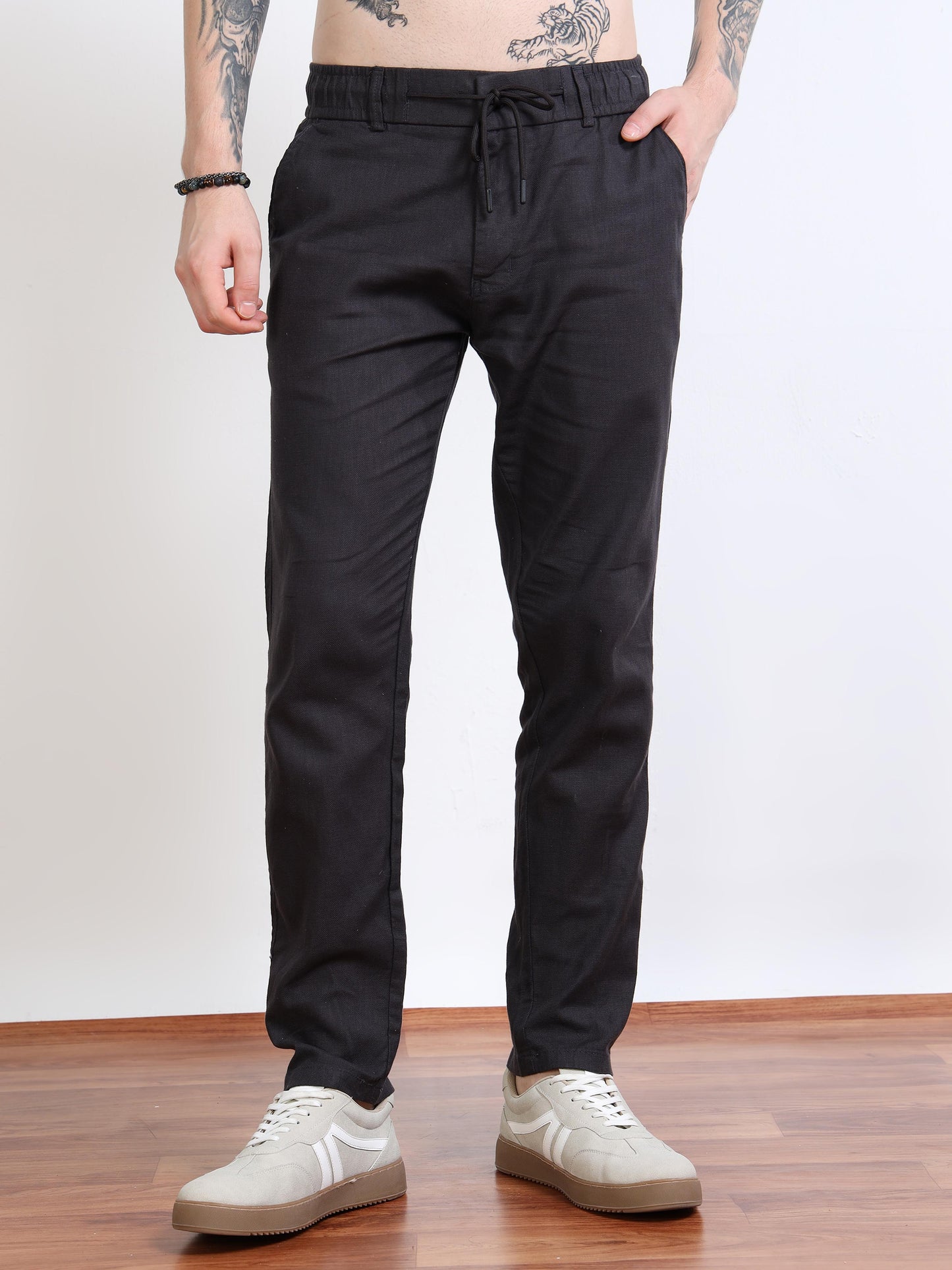 Men’s Drawstring Chino Trousers – Jet Black