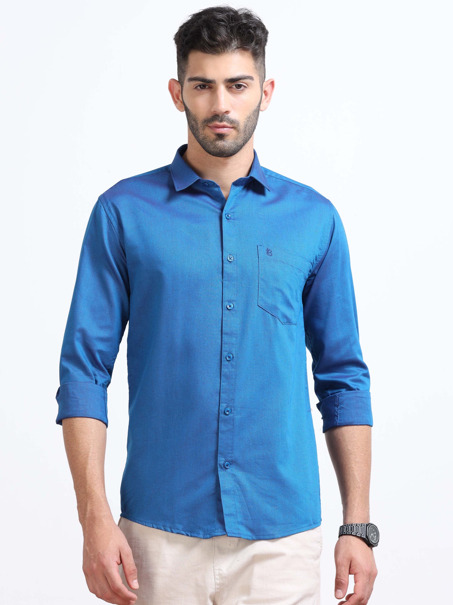 Royal Blue Men's Cotton Plain Casual Shirt - Premium Comfort Fit