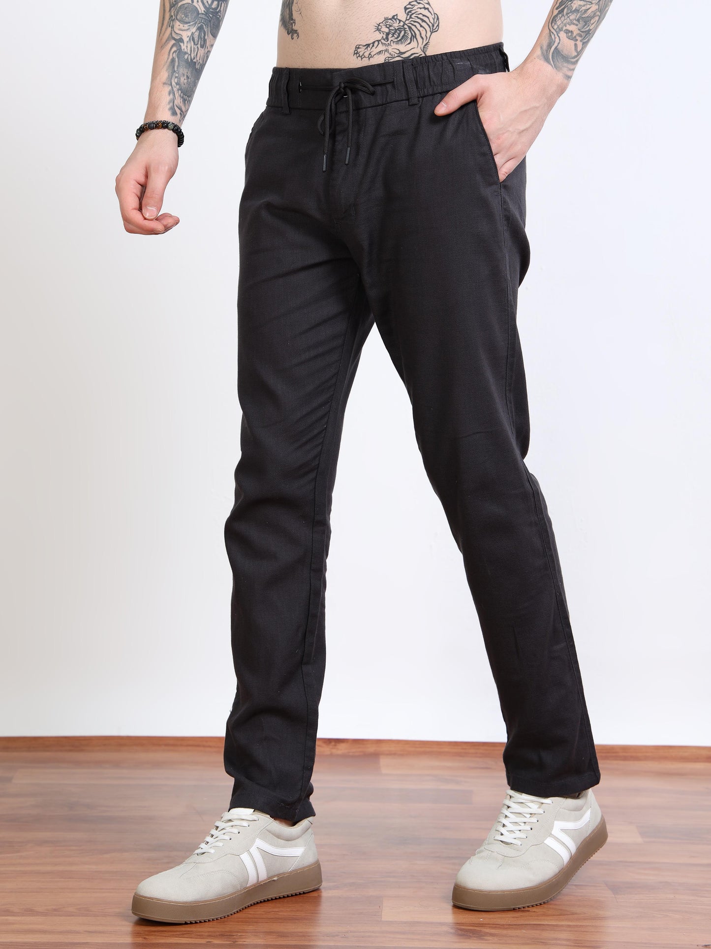 Men’s Drawstring Chino Trousers – Jet Black