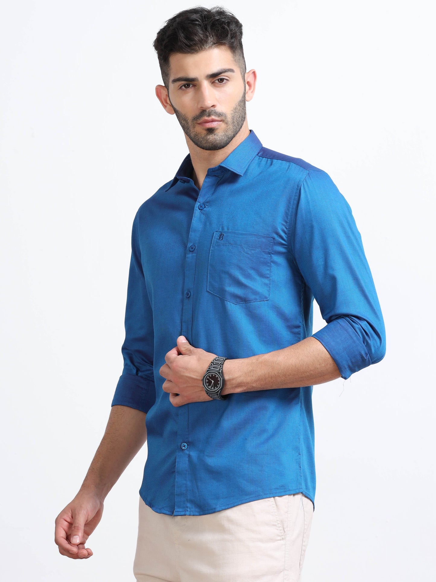 Royal Blue Men's Cotton Plain Casual Shirt - Premium Comfort Fit