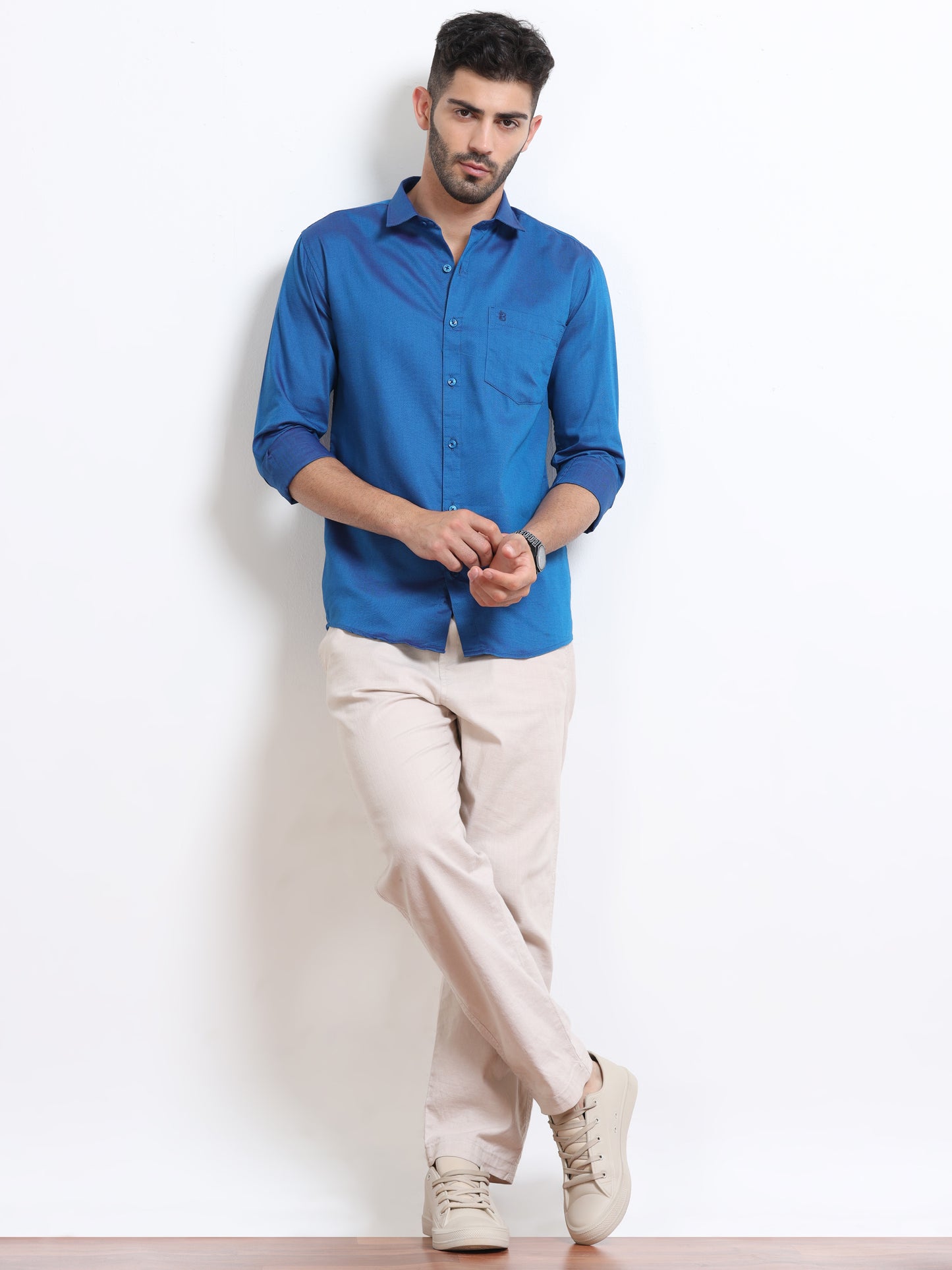 Royal Blue Men's Cotton Plain Casual Shirt - Premium Comfort Fit