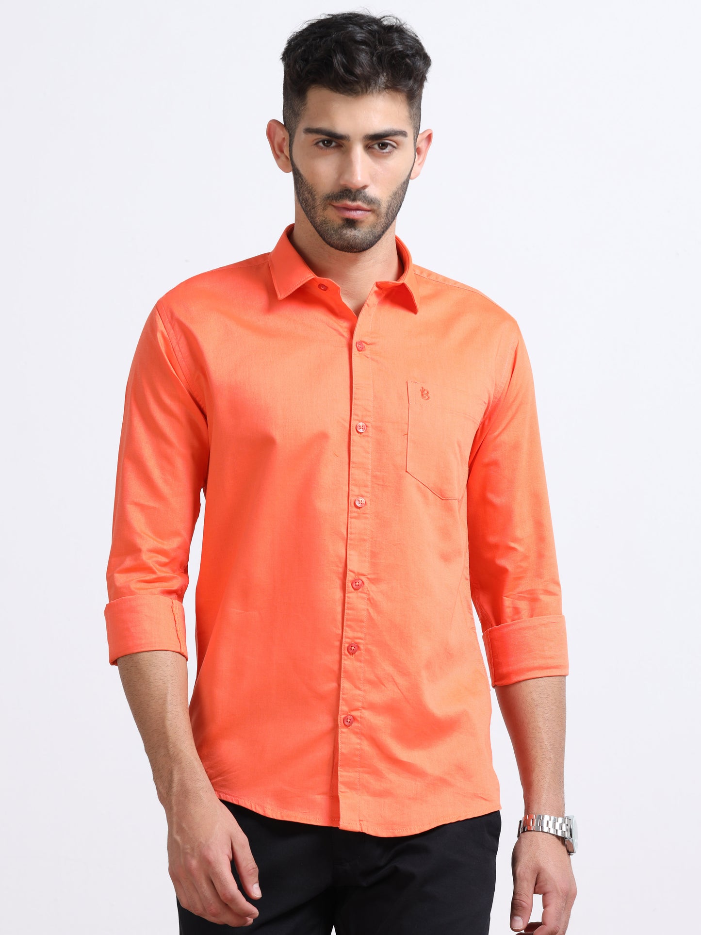 Orange Men's Cotton Plain Casual Shirt - Premium Comfort Fit
