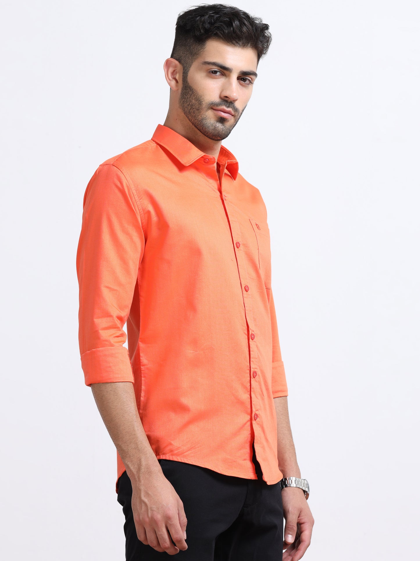 Orange Men's Cotton Plain Casual Shirt - Premium Comfort Fit