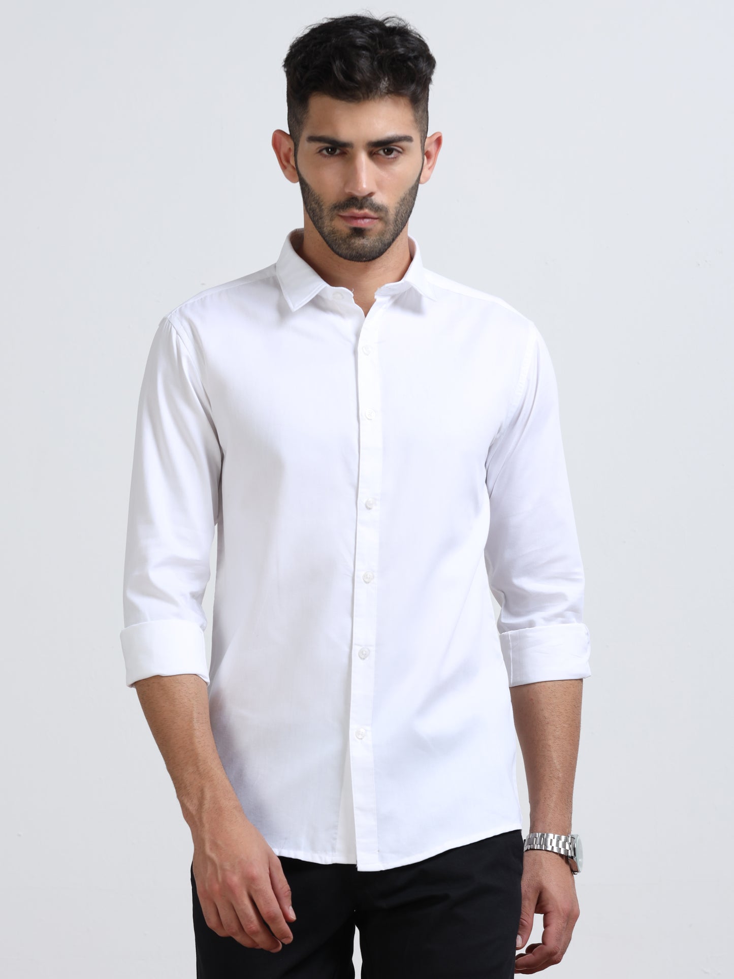 White Men's Cotton Plain Casual Shirt - Premium Comfort Fit