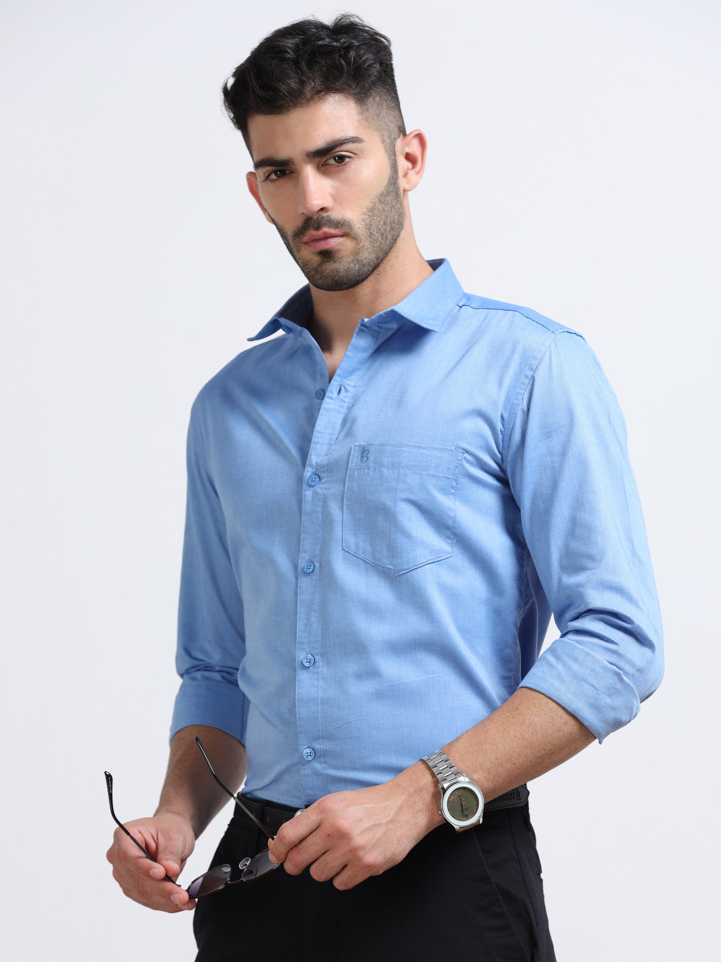 Sky Blue Men's Cotton Plain Casual Shirt - Premium Comfort Fit