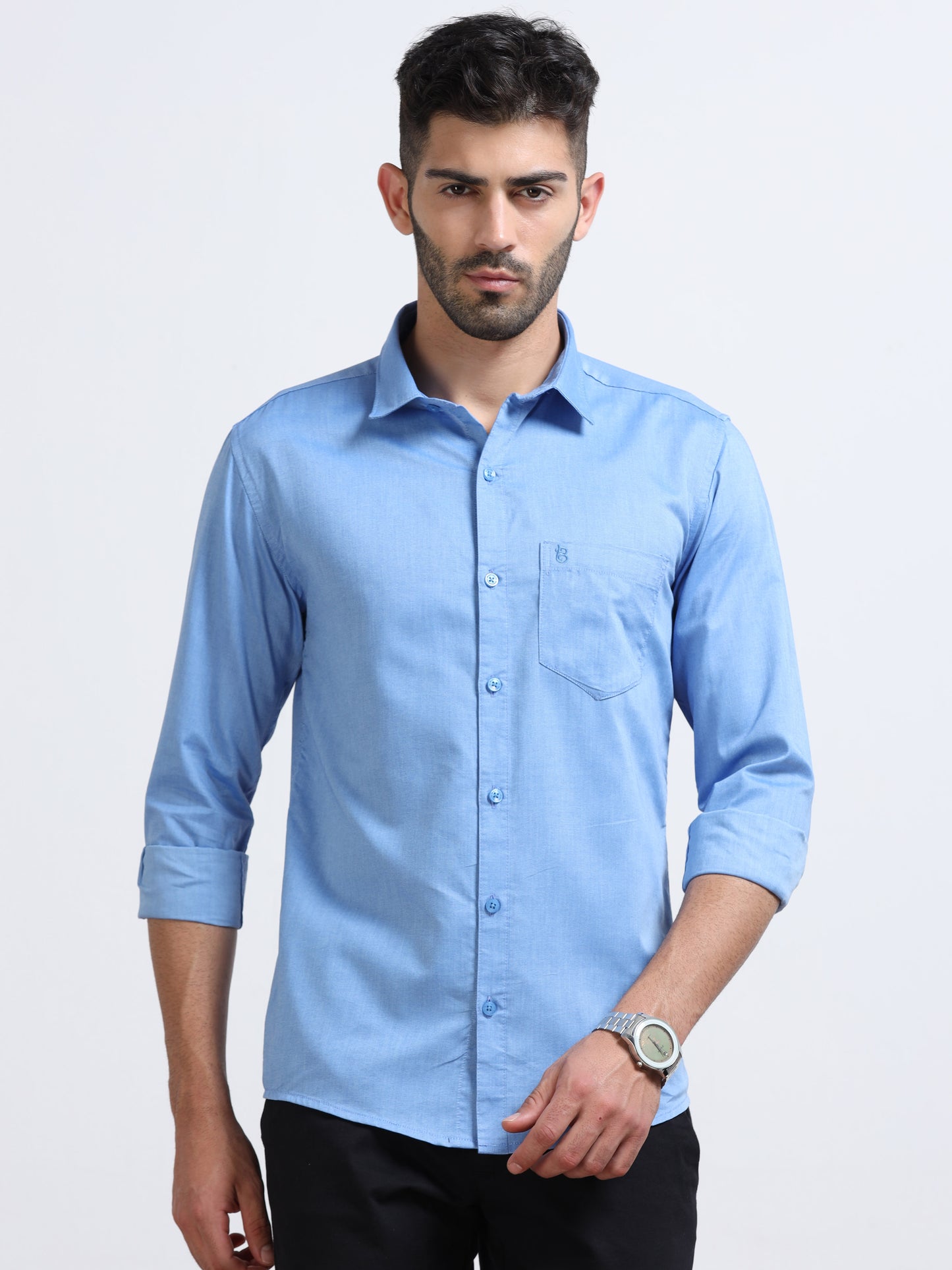 Sky Blue Men's Cotton Plain Casual Shirt - Premium Comfort Fit