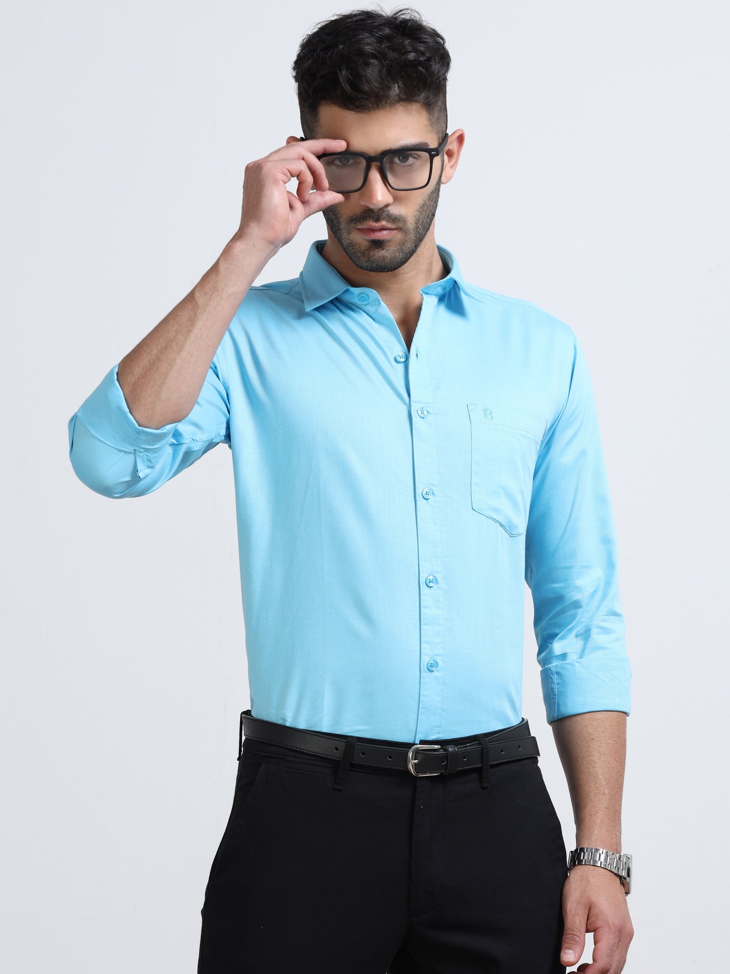Baby Blue Men's Cotton Plain Casual Shirt - Premium Comfort Fit