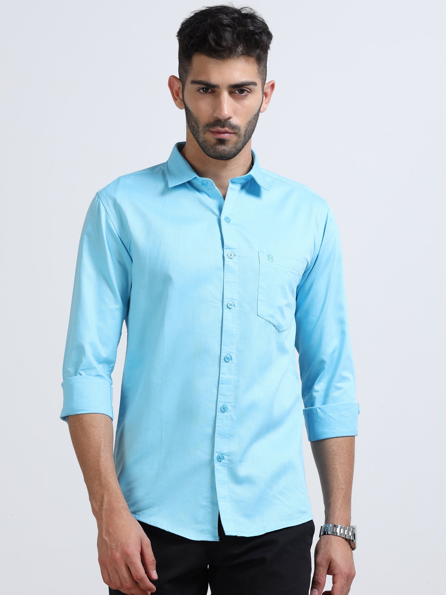 Baby Blue Men's Cotton Plain Casual Shirt - Premium Comfort Fit