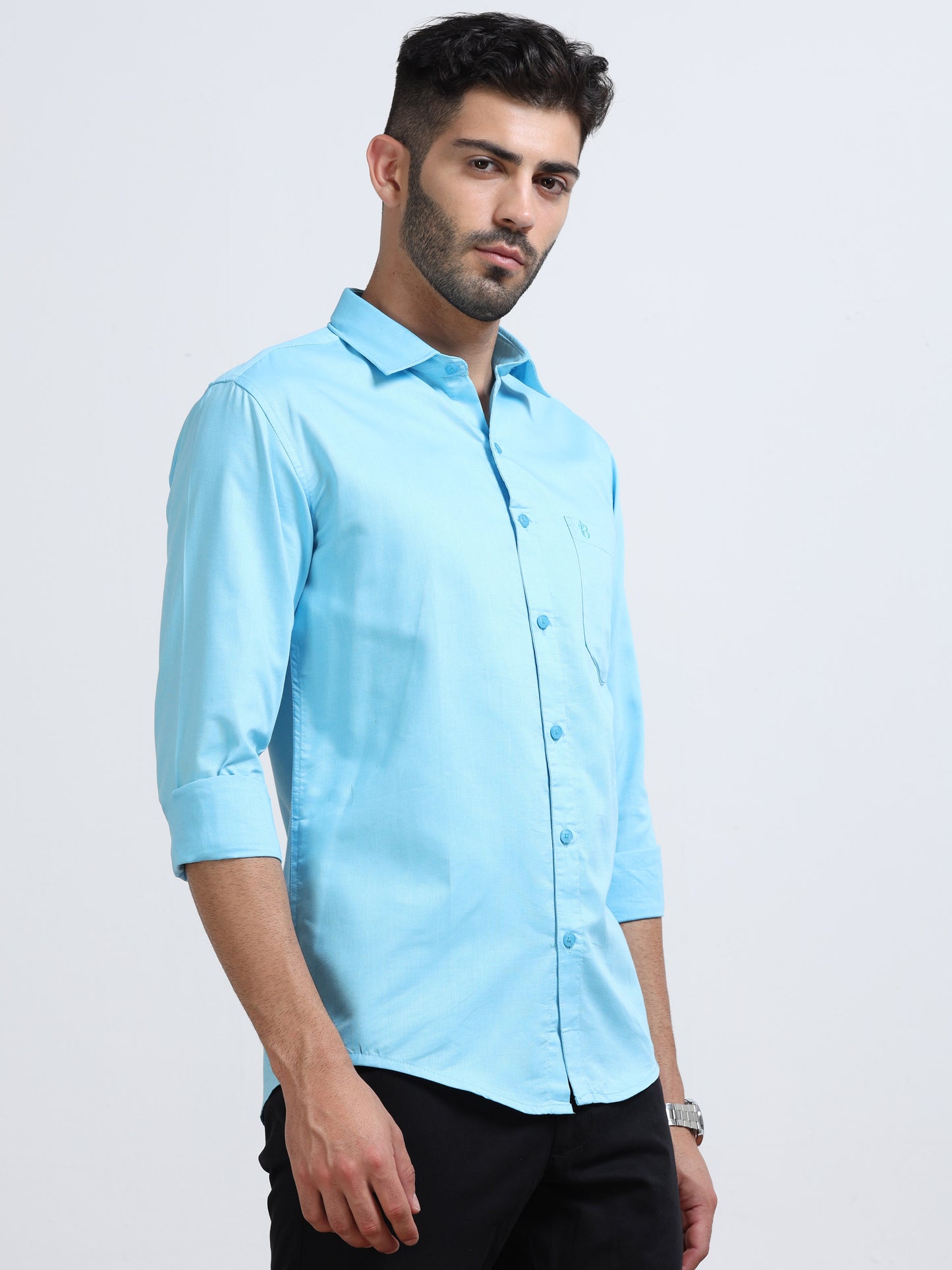 Baby Blue Men's Cotton Plain Casual Shirt - Premium Comfort Fit