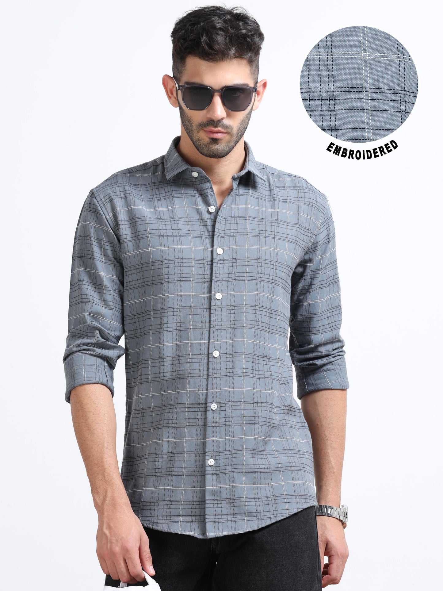 Grey Men's Cotton Embroidered Checked Casual Shirt - Premium Comfort Fit