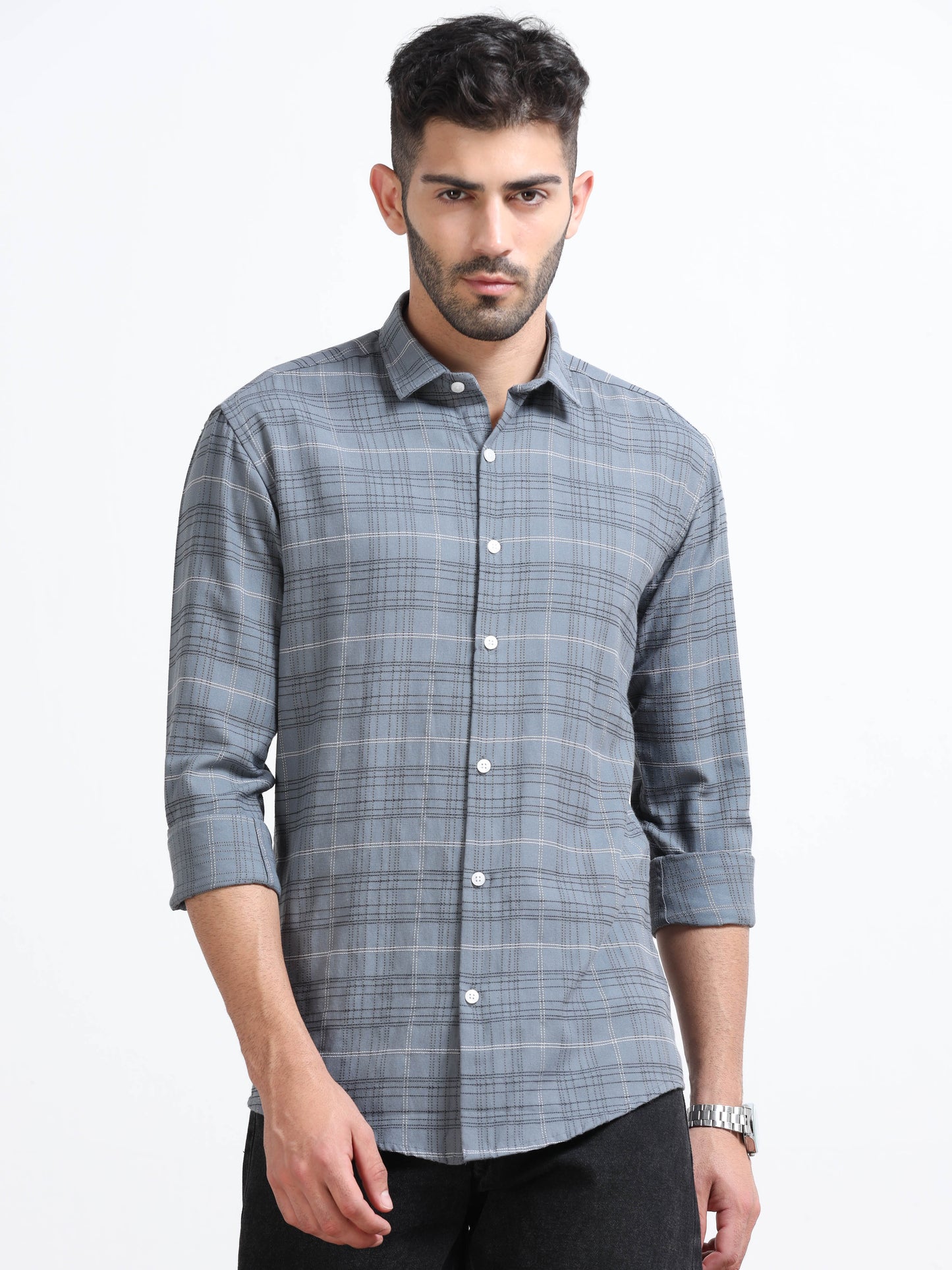 Grey Men's Cotton Embroidered Checked Casual Shirt - Premium Comfort Fit