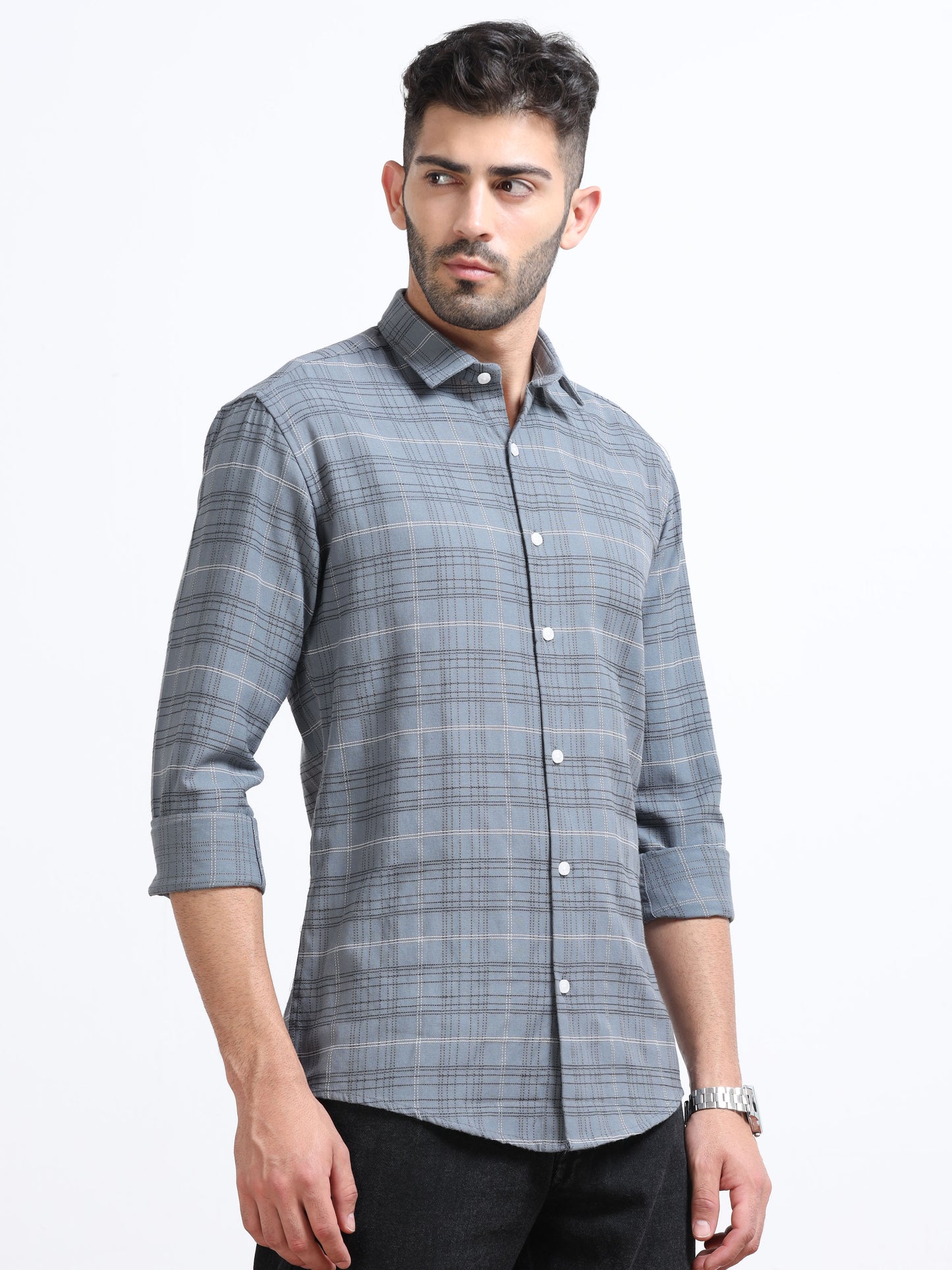 Grey Men's Cotton Embroidered Checked Casual Shirt - Premium Comfort Fit