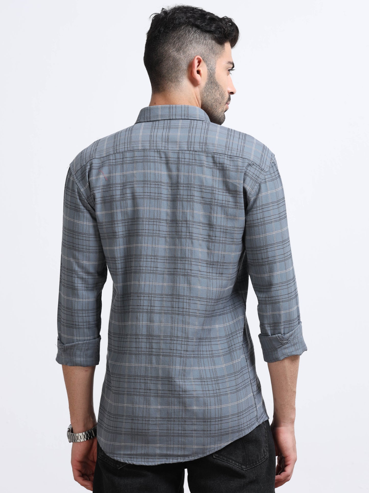Grey Men's Cotton Embroidered Checked Casual Shirt - Premium Comfort Fit