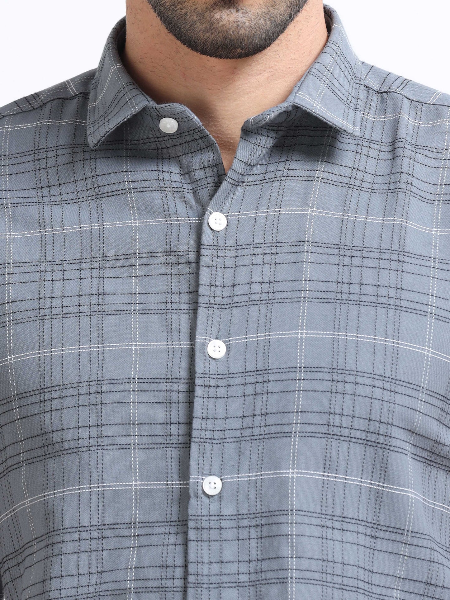 Grey Men's Cotton Embroidered Checked Casual Shirt - Premium Comfort Fit