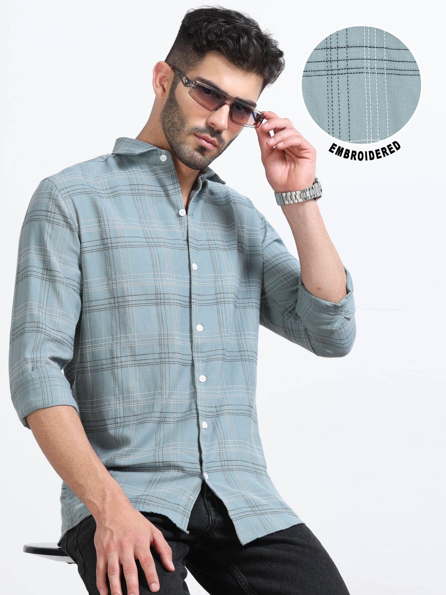Light Blue Teal  Men's Cotton Embroidered Checked Casual Shirt - Premium Comfort Fit