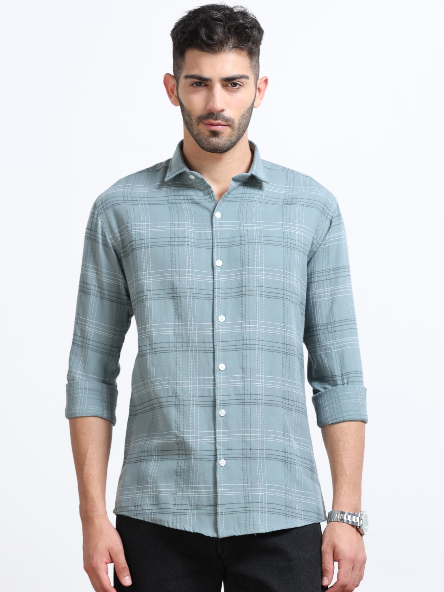 Light Blue Teal  Men's Cotton Embroidered Checked Casual Shirt - Premium Comfort Fit