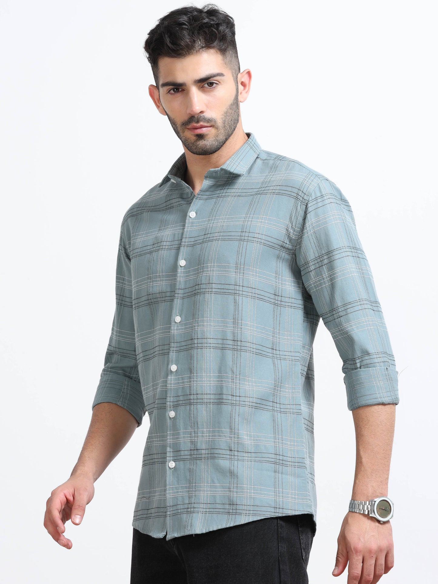Light Blue Teal  Men's Cotton Embroidered Checked Casual Shirt - Premium Comfort Fit