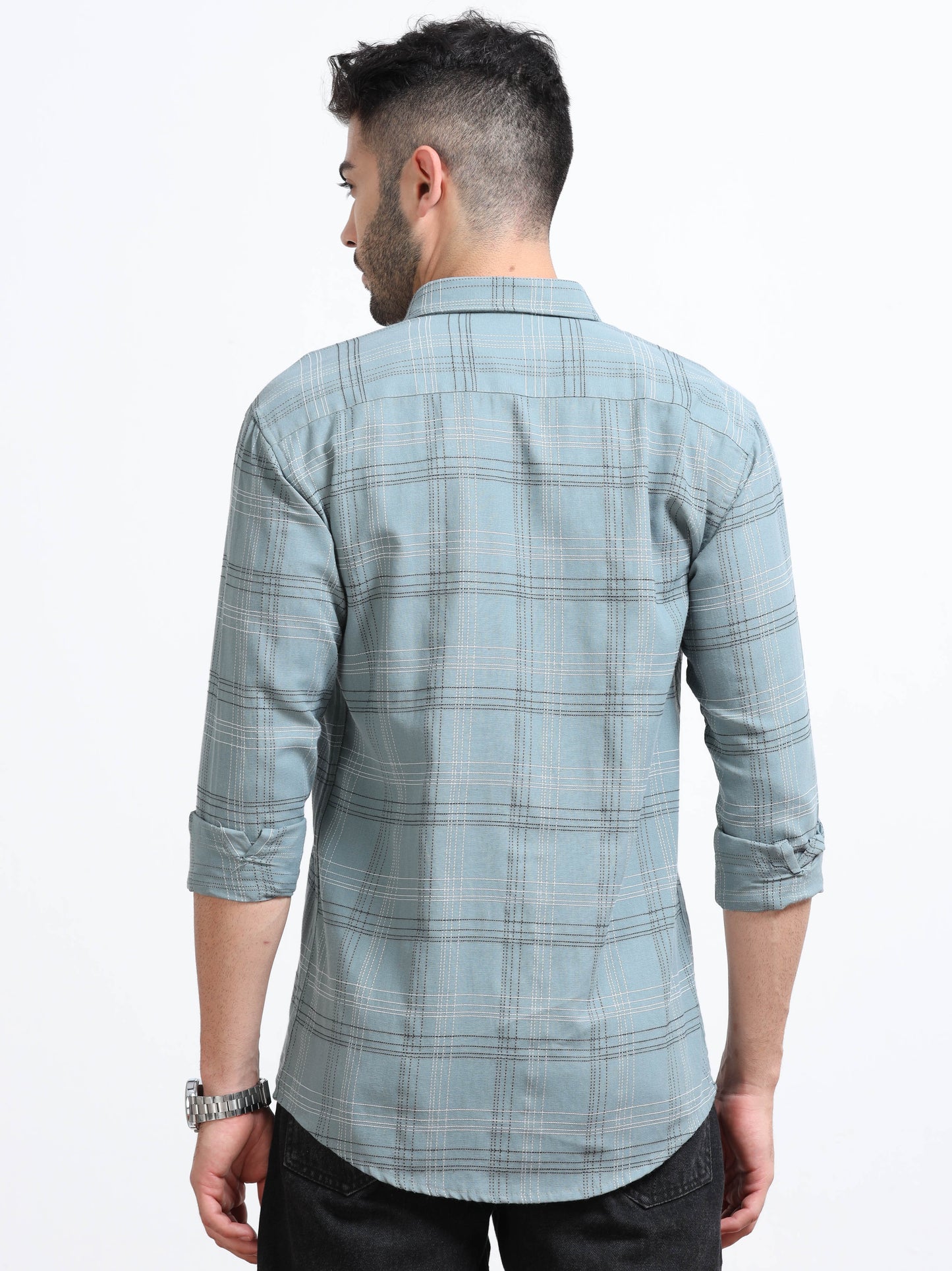 Light Blue Teal  Men's Cotton Embroidered Checked Casual Shirt - Premium Comfort Fit