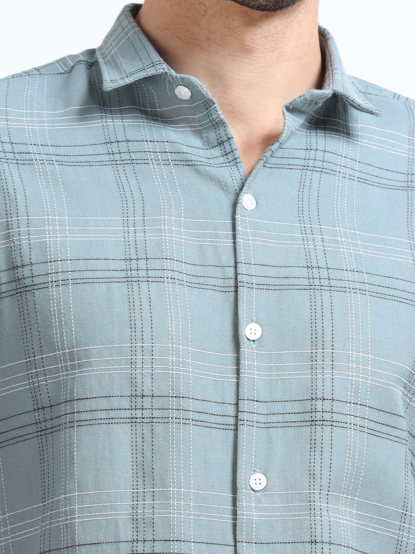 Light Blue Teal  Men's Cotton Embroidered Checked Casual Shirt - Premium Comfort Fit