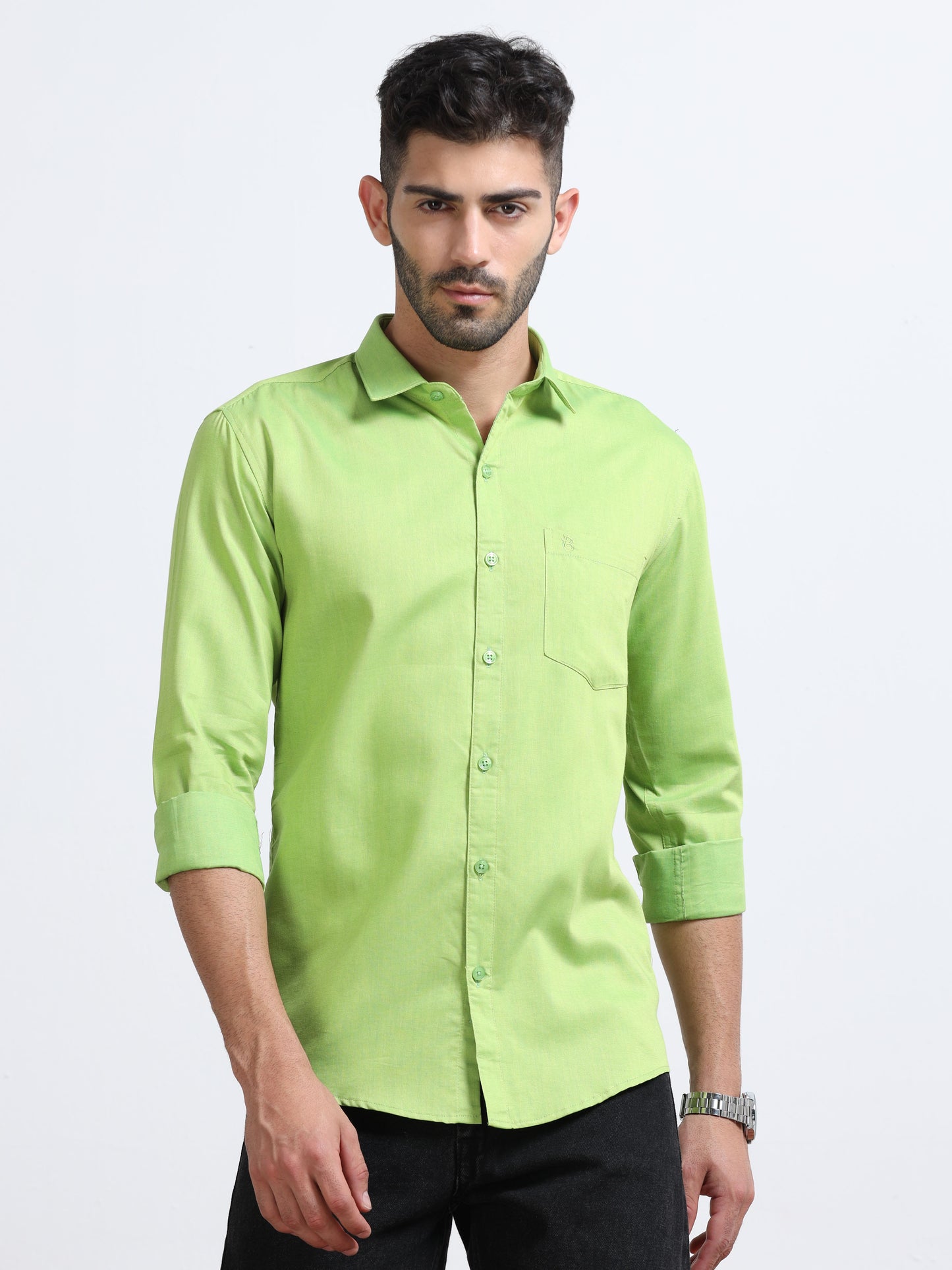 Green Men's Cotton Plain Casual Shirt - Premium Comfort Fit
