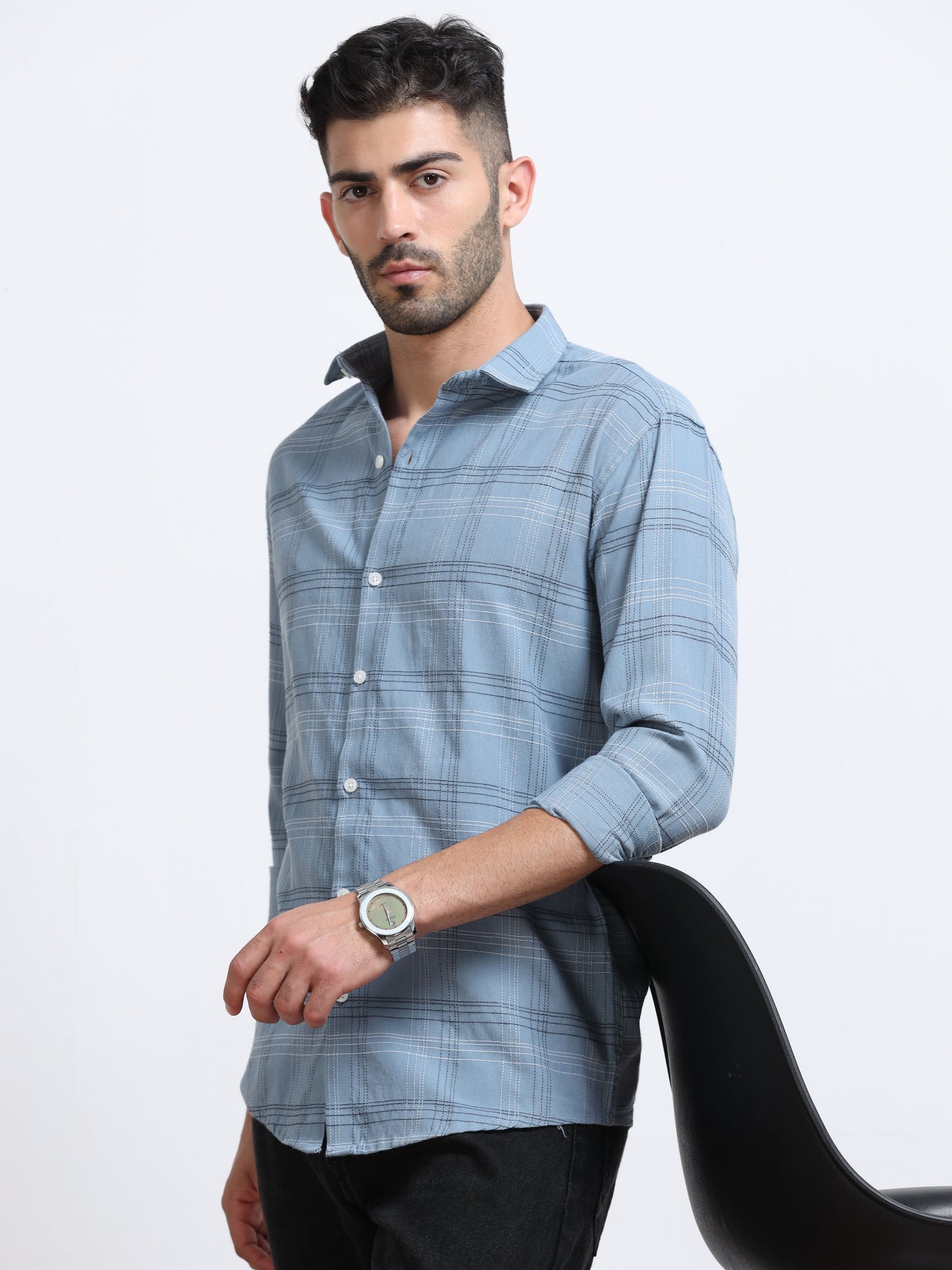 Dusty Blue Men's Cotton Embroidered Checked Casual Shirt - Premium Comfort Fit