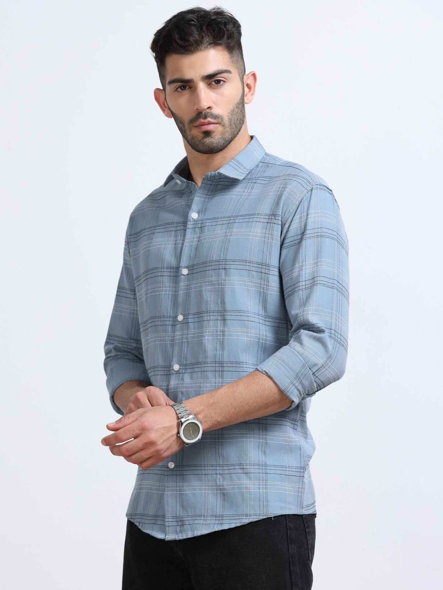 Dusty Blue Men's Cotton Embroidered Checked Casual Shirt - Premium Comfort Fit