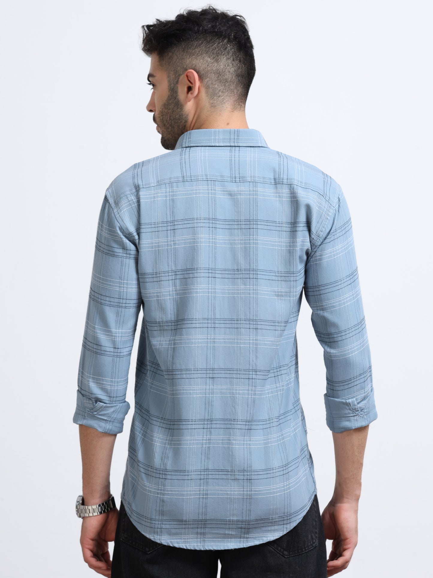 Dusty Blue Men's Cotton Embroidered Checked Casual Shirt - Premium Comfort Fit