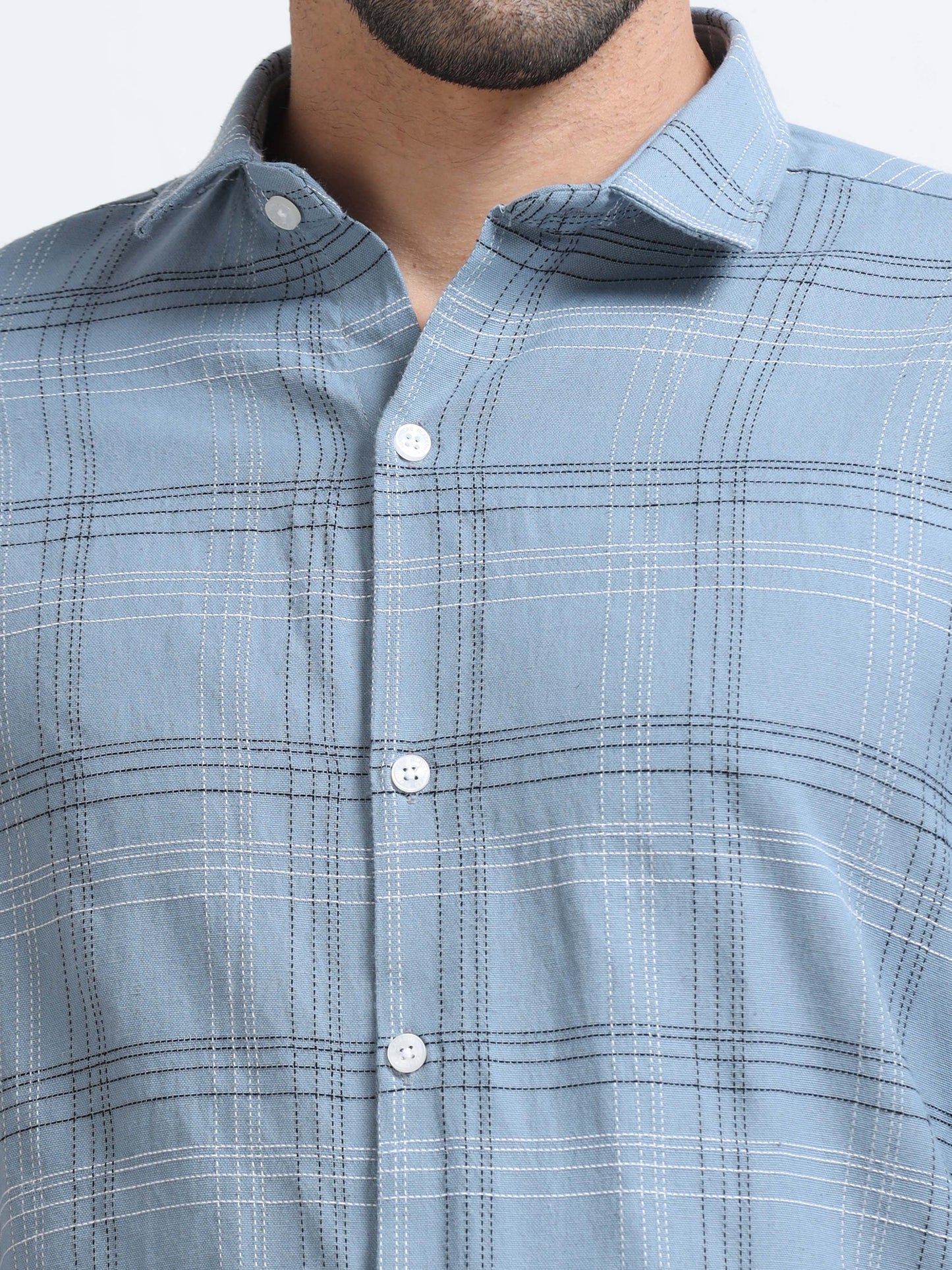 Dusty Blue Men's Cotton Embroidered Checked Casual Shirt - Premium Comfort Fit