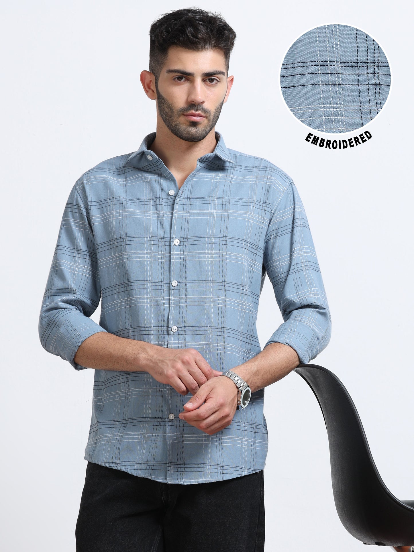 Dusty Blue Men's Cotton Embroidered Checked Casual Shirt - Premium Comfort Fit