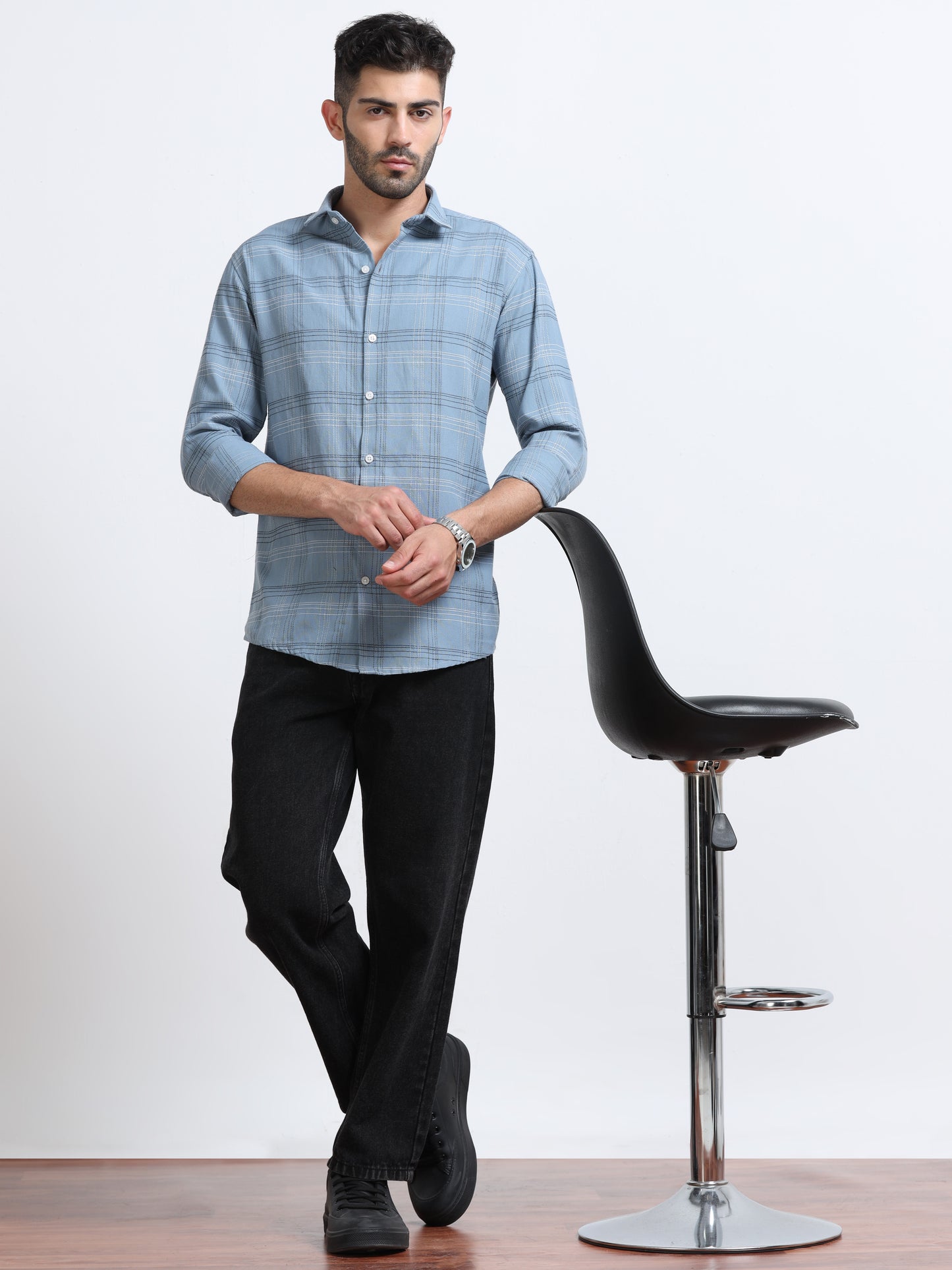 Dusty Blue Men's Cotton Embroidered Checked Casual Shirt - Premium Comfort Fit