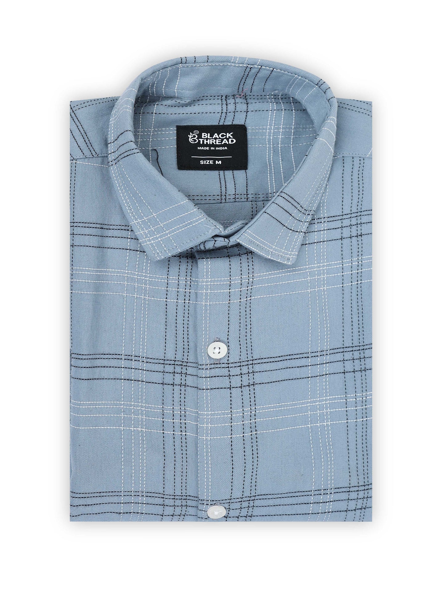 Dusty Blue Men's Cotton Embroidered Checked Casual Shirt - Premium Comfort Fit