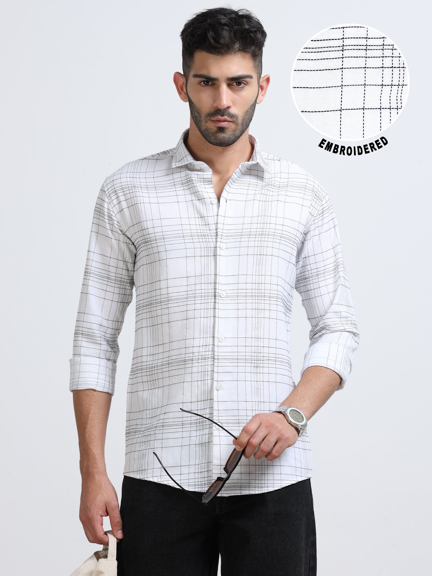 White Men's Cotton Embroidered Checked Casual Shirt - Premium Comfort Fit