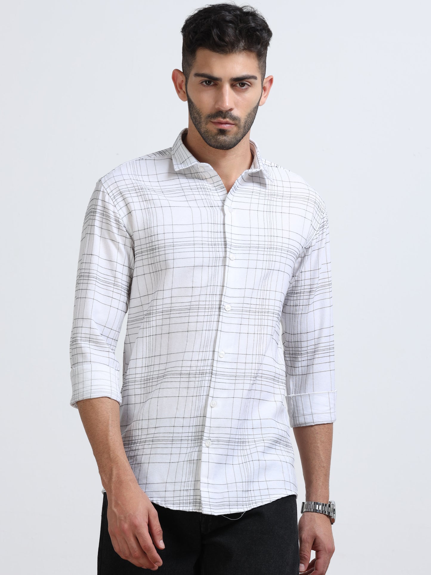 White Men's Cotton Embroidered Checked Casual Shirt - Premium Comfort Fit