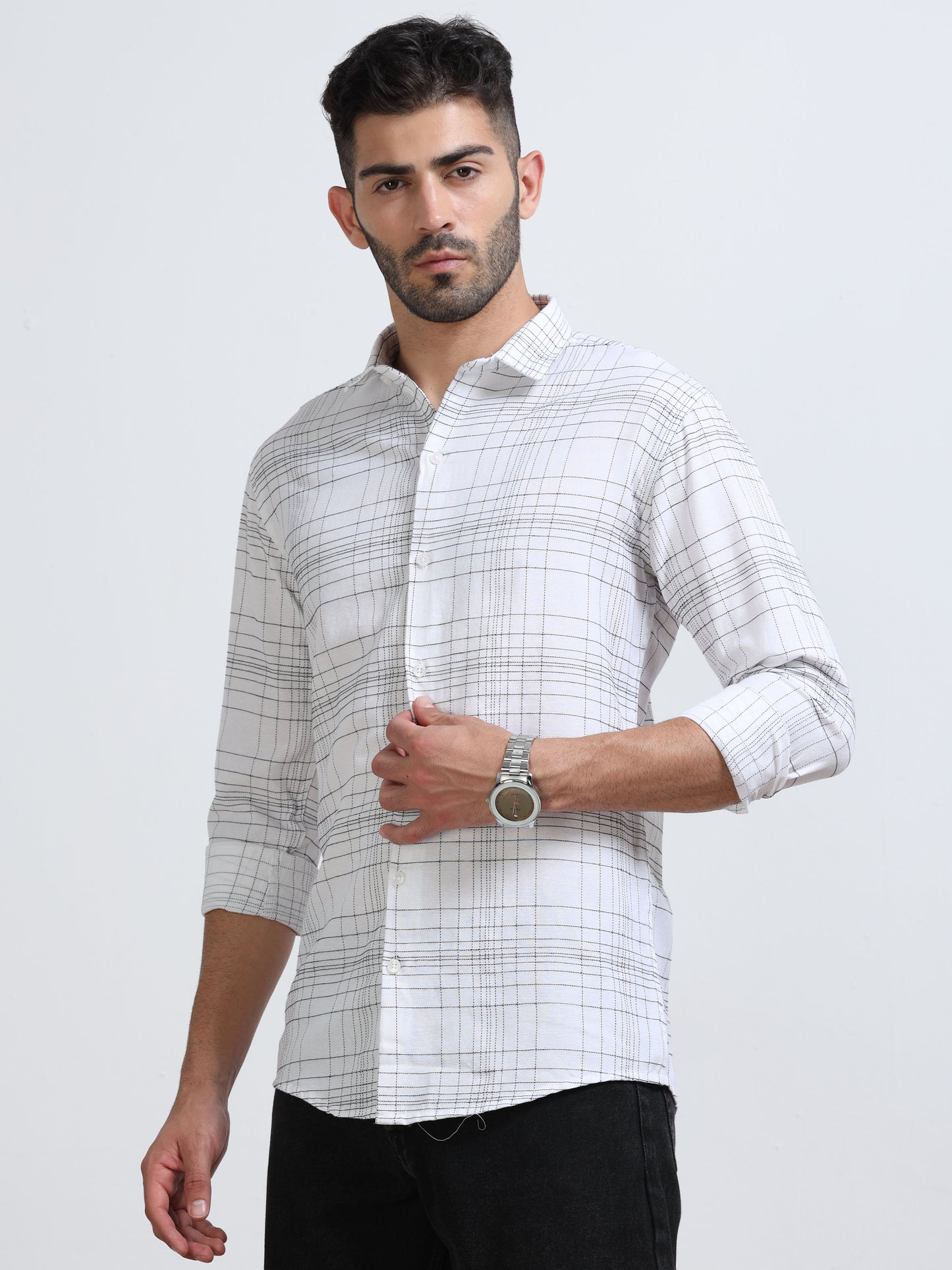 White Men's Cotton Embroidered Checked Casual Shirt - Premium Comfort Fit