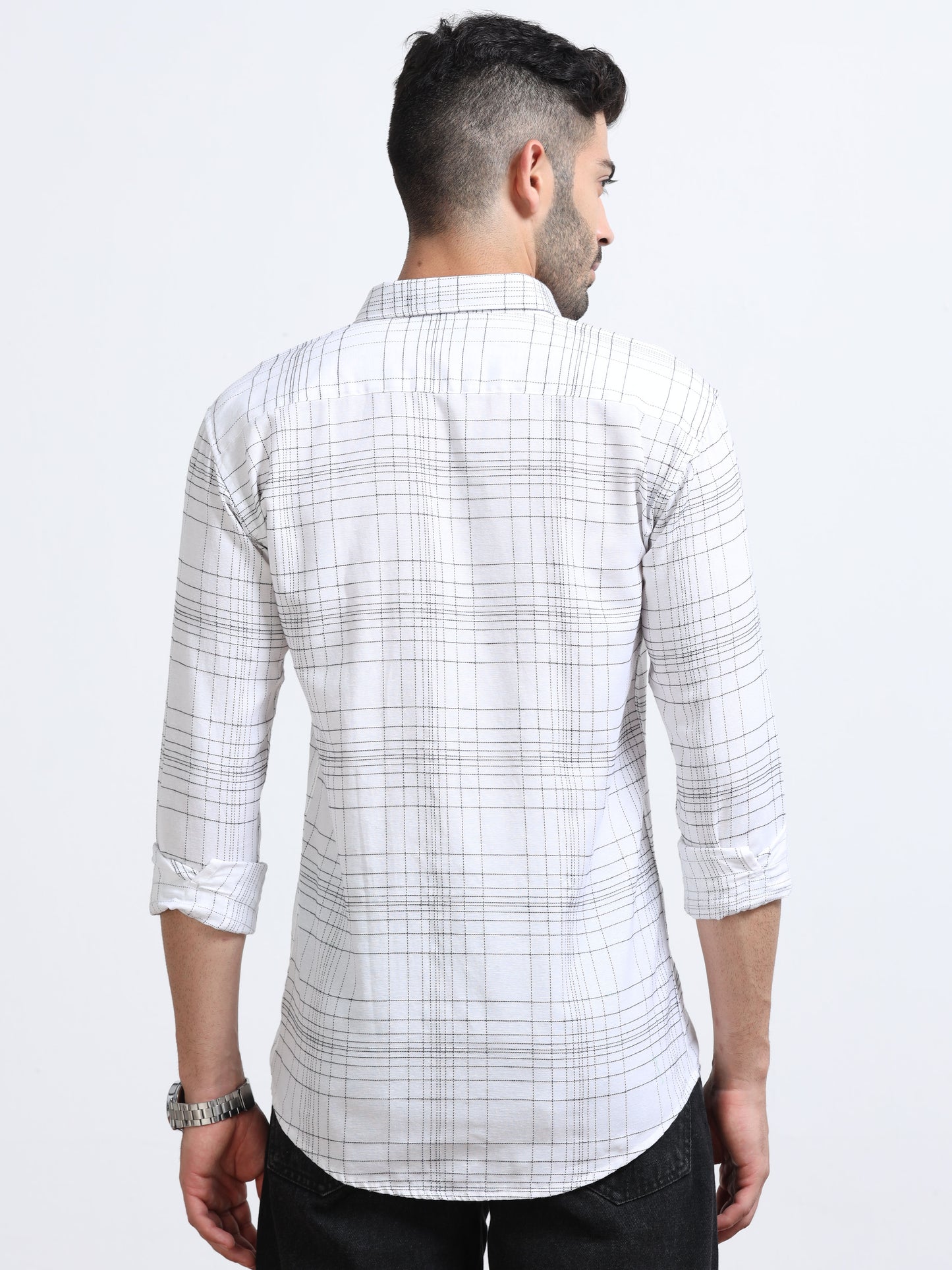 White Men's Cotton Embroidered Checked Casual Shirt - Premium Comfort Fit