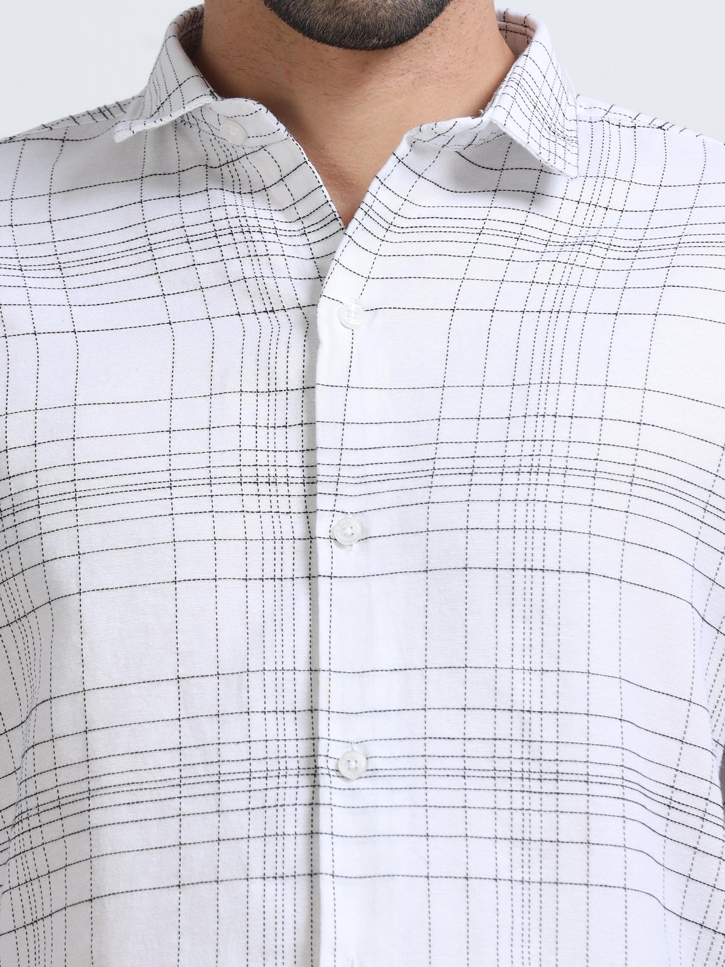 White Men's Cotton Embroidered Checked Casual Shirt - Premium Comfort Fit
