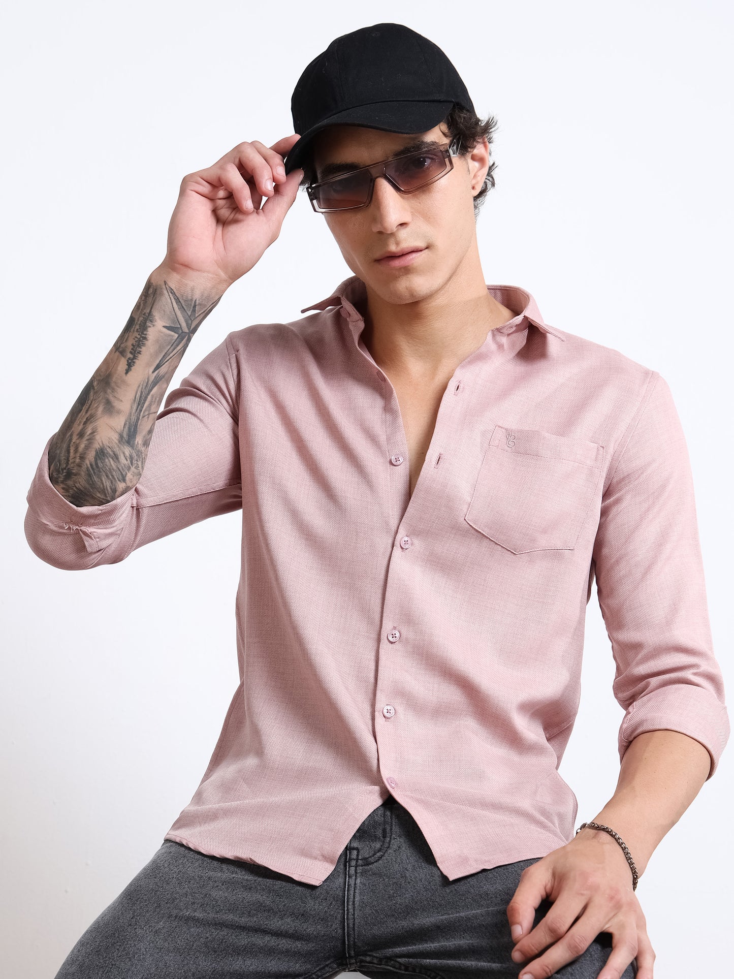 Men’s Light Mauve Pure Linen Shirt by Black Thread