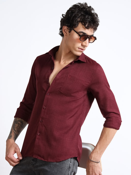 Men’s Maroon Pure Linen Shirt by Black Thread
