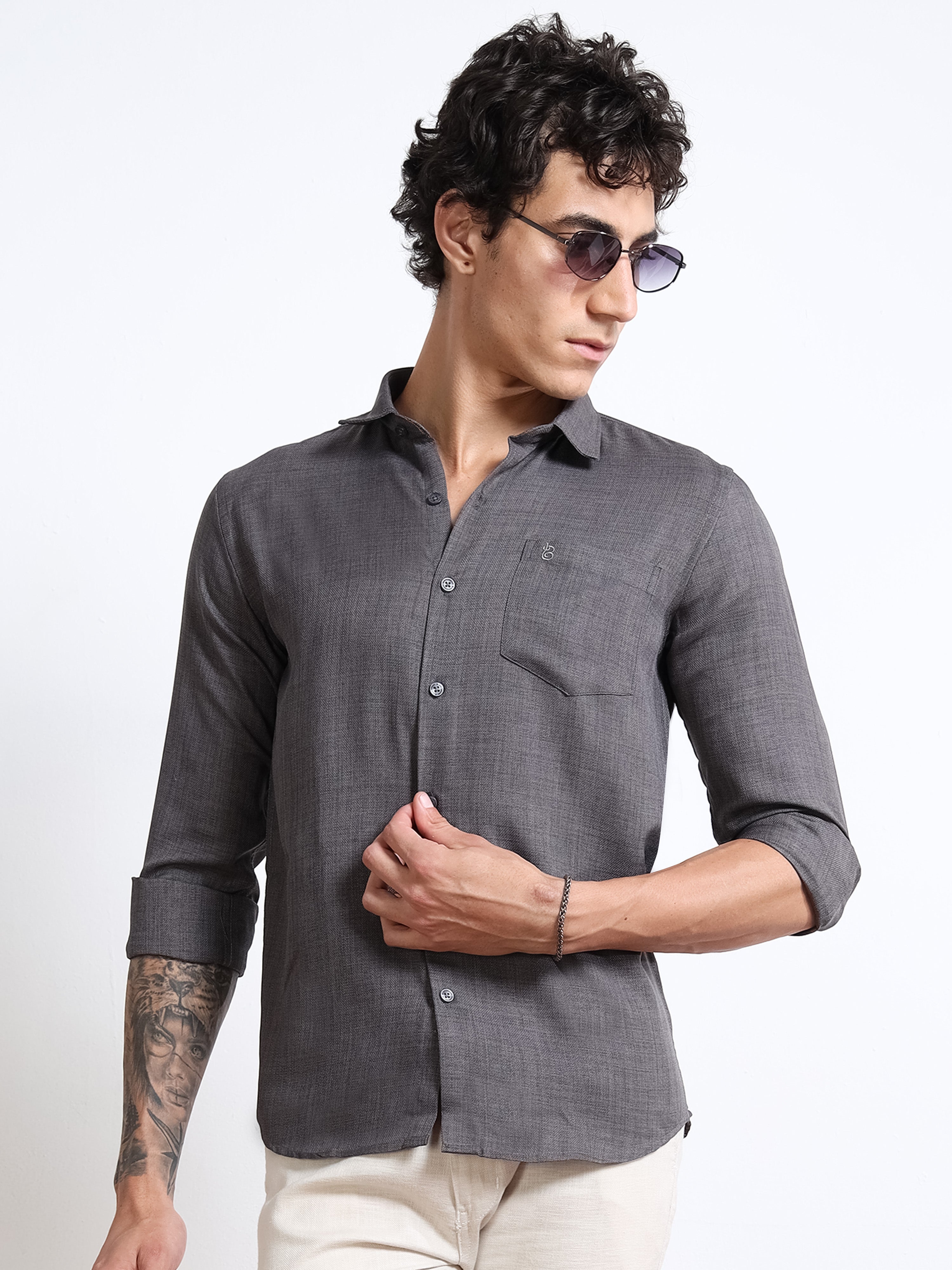 Men's Charcoal Grey Pure Linen Shirt by Black Thread