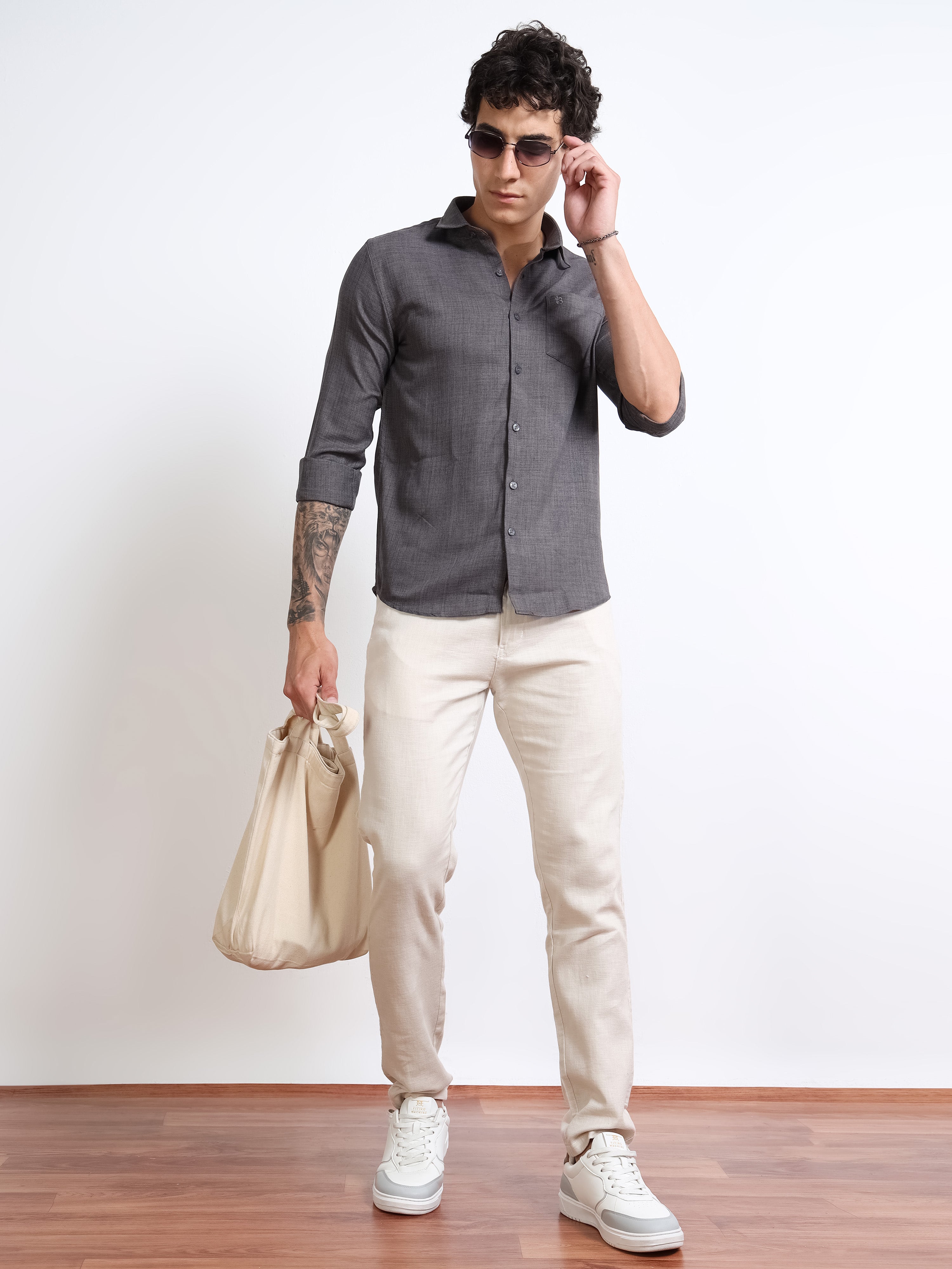 Men's Charcoal Grey Pure Linen Shirt by Black Thread