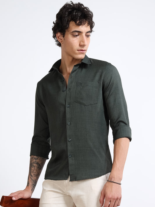 Men’s Dark Green Pure Linen Shirt by Black Thread