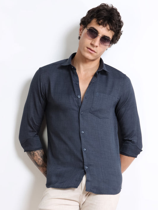 Men’s Navy Blue Pure Linen Shirt by Black Thread