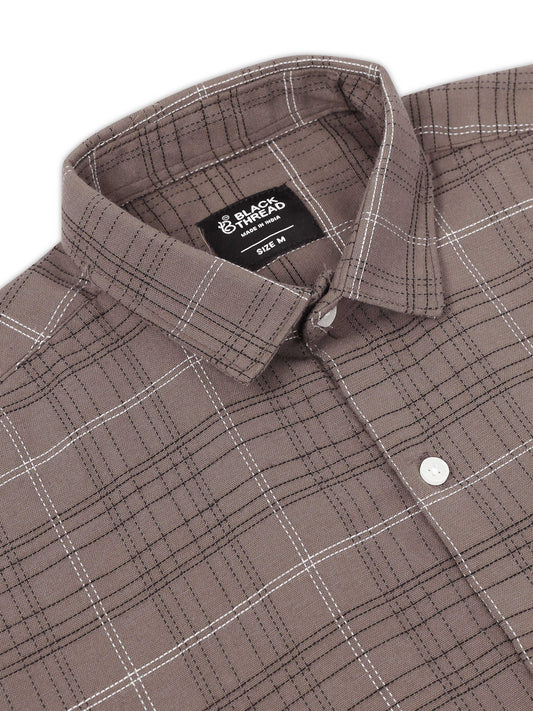 Brown Men's Cotton Embroidered Checked Casual Shirt - Premium Comfort Fit